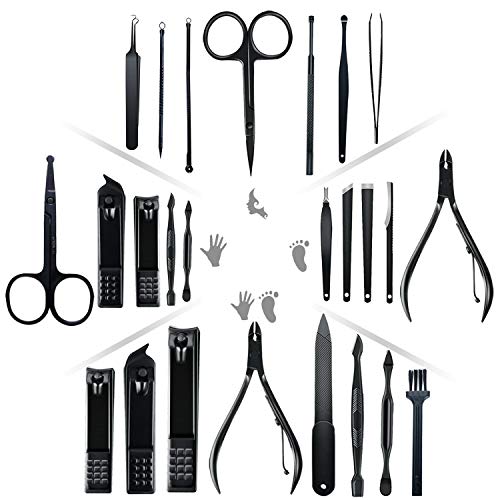 Manicure Set,20 In 1 Professional Nail Clippers Kit Pedicure Care Tools-Stainless Steel Pedicure Kit Nail Scissors Grooming Kit Manicure Kits with Black Leather Travel Case
