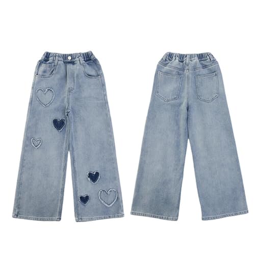 Girl Heart Print 𝐘2K Denim Pants Elastic High Waist Wide Leg Jeans Kids Straight Casual Loose Trousers with Pockets3