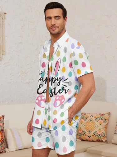 Men's Easter Bunny Suit 2 Piece Happy Easter Rabbits Eggs Print Hawaiian Mens Beach Shirts Shorts Set3