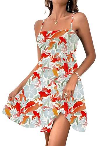 Image of HVEPUO Women Spaghetti Strap Sleeveless Smock Cami Mini Dress Summer Vacation Flowy Boho A Line Swing Short Dresses for Women