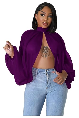 Women's Balloon Sleeve High Slit Summer Loose Chiffon Tops Irregular Blouses Tunics Front Split Cover Ups