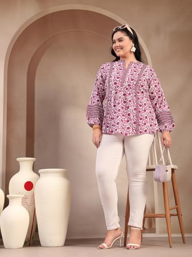 Image of Stylum Women's Plus Size Blue Floral Printed Pure Cotton Top | Plus Size Tops for Women Short Kurti