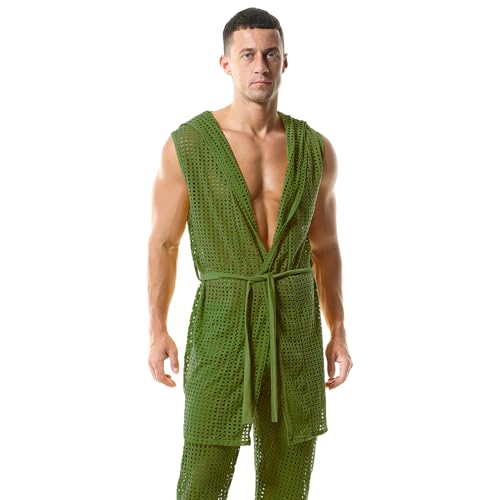 Men's Mesh Fishnet Robes Hooded Short Sleeveless Bathrobes Nightwear