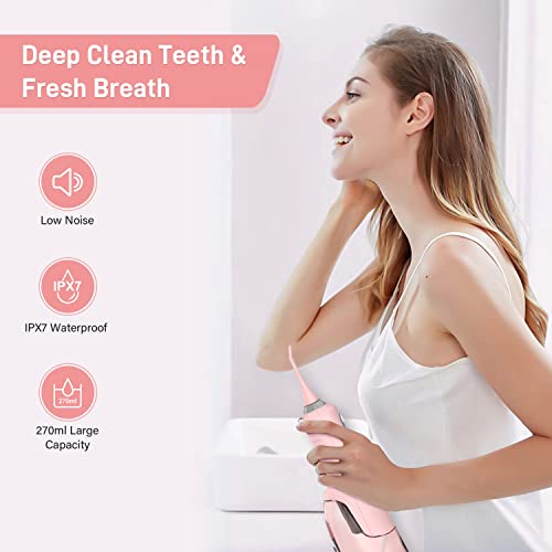 Sejoy Munddusche Kabellos Elektrische, Water Flosser Zahndusche IPX7 Wasserdicht 270ML Tragbar Oral Irrigator USB Aufladen Zahnreiniger Reisemunddusche für Zuhause Büro, mit 5 Modi und 5 Düsen, Rosa – Bild 8