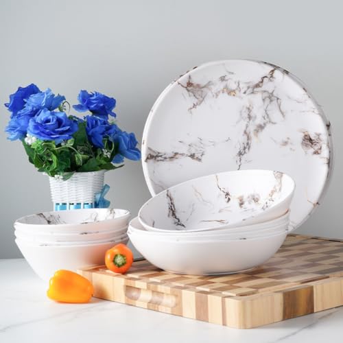 Royal Swiss Service de table 12 pièces en mélamine pour 4 personnes – Incassable, passe au lave-vaisselle et léger – Idéal pour la maison, le jardin, le camping et les pique-niques – Design blanc