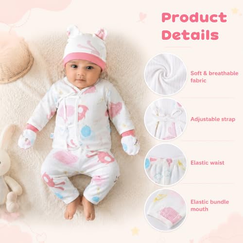 Image of SNOWIE SOFT 5Pcs Set New Born Baby Clothes 0-3 Months with Cotton Long Sleeve Top and Pants, Gloves, Socks, Bear Ear Hat, Infant Clothes 0-3 Months New Born Baby Gifts Shower Gift