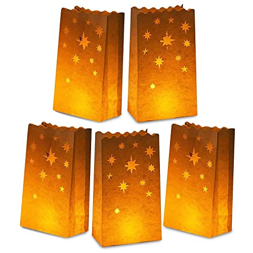 Stmarry White Paper Luminary Bags - 50-Pack Candle Lantern Bags, Fire-Retardant, Star Luminaries for Christmas, Weddings, Birthday Party Decoration, Use with Tealights, Votive, 5.9 x 10 x 3.5 Inches