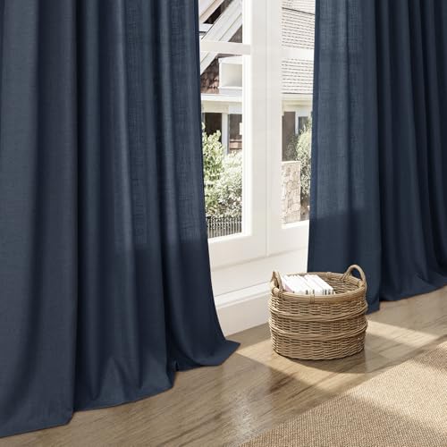 Image of Nanspring Vintage Blue Linen Curtains 108 Inches Long for Living Room Bedroom 2 Panels Set Extra Long Back Tab Drapes Light Filtering Semi Sheer Floor to Ceiling Curtain for Large Windows 52x108