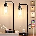 Industrial Touch Table Lamps for Bedrooms Set of 2 - 3-Way Dimmable Nightstand Lamps with USB C+A Ports and Outlet, Black Bedside Lamps with Glass Shade for Living Room, Desk Lamps for Home Office