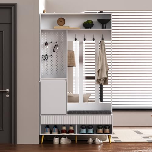 LARFOEK Garderobenset Wandgarderobe, Flurgarderobe Set mit Schuhbank, Schuhschrank mit 4 Kleiderhaken, 2 Schubladen und 1 Türen, Kompaktgarderobe, 100x35x180cm, Weiß LARFOEK Garderobenset Wandgarderobe, Flurgarderobe Set mit Schuhbank, Schuhschrank mit 4 Kleiderhaken, 2 Schubladen und 1 Türen, Kompaktgarderobe, 100x35x180cm, Weiß