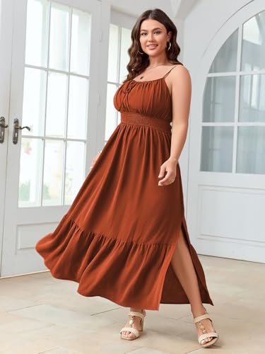 Image of SCOMCHIC Plus Size Summer Boho Dresses Spaghetti Strap Sleeveless Casual Sundress Smocked Flowy Slit Beach Maxi Dress
