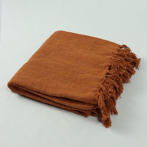 Image of Handmade Cotton Jute Sofa Throw 50x60 Inch Solid Soft Blanket for Living Room, Bed, Couch (Rust Brown)