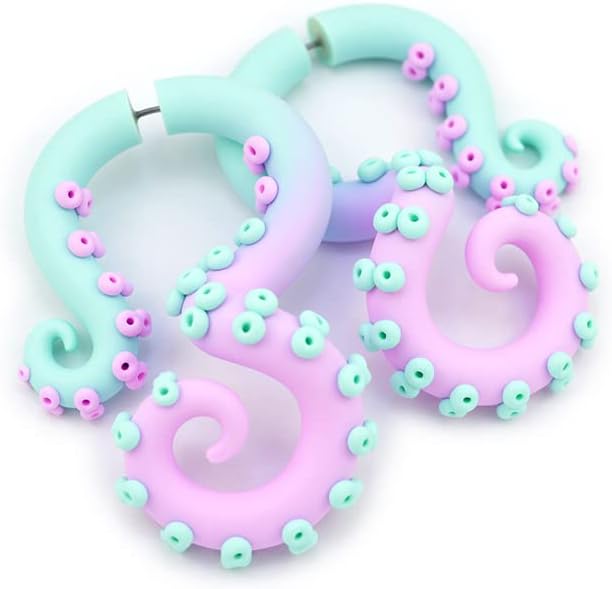 Fairy Kei Tentacle Earrings Kawaii Ear Plugs Menhera Fake Plugs, Octopus Gauges, Tentacle gauges, Octopus Plugs, Ombre