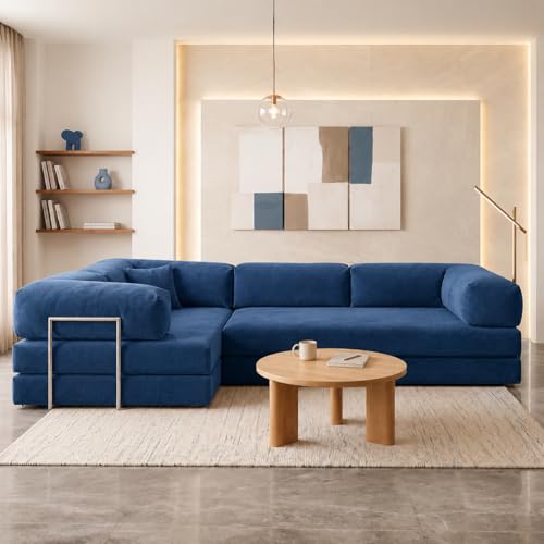 Image of Torque Vegas 5 Seater L Shape Sofa Cum Bed for Sleeping- Blue | Suede Fabric 5 Seater Sectional 3-in-1 Sofa Bed | Corner L Shaped Sofa Set for Living Room Office
