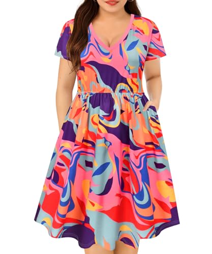 Image of RITERA Plus Size Dresses for Curvy Women Summer Spring Womens Dress V Neck Short Sleeve Casual Dress with Pockets XL-5XL