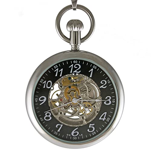 OGLE 3ATM Waterproof Vintage Stainless Steel Large Face Fob Self Winding Automatic Skeleton Mechanical Pocket Watch (Silver case&Black Dial&Silver Movement)