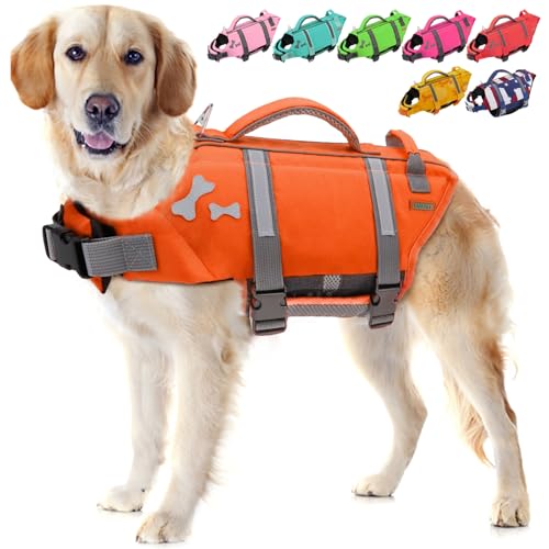 EMUST Dog Life Jacket XL NewOrange Waterproof Breathable Adjustable with Rescue Handle for Swimming Pool Beach Boating