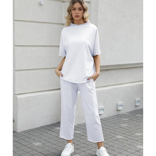 Image of SeeLuNa Women's Two Piece Outfits 3 /4 Batwing Sleeve Capelet Crew Neck Pullover Top Wide Leg Pants Lounge Set