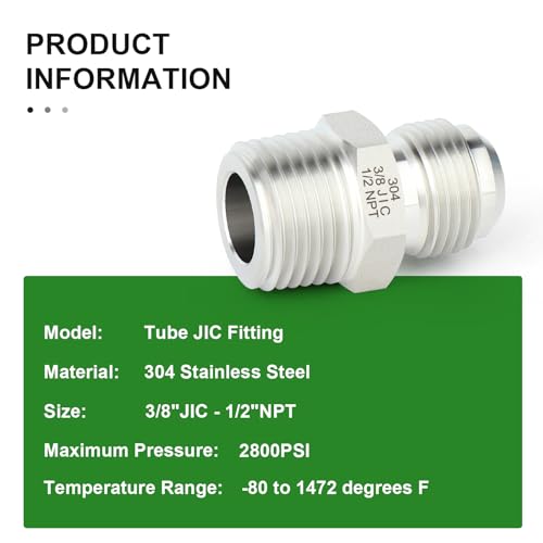 Image of TAISHER 5PCS Forging of 304 Stainless Steel JIC Flare Tube Fitting, 3 /8 inch JIC Male x 1 /2 inch NPT Male, Half Union