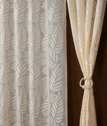 Image of Fabrilia Leaf Pattern Net Sheer Curtains for Window | Premium Semi Transparent Curtain with Elegant Botanical Leaf Design | Cream | 5 feet | Set of 2