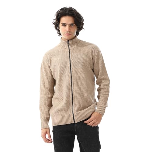 بلوفر برقبة وحواف مضلعة وسوستة من اندورا، بيج، اكس اكس اكس لارج