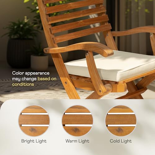 IDZO, Percy Chairs Heavy Duty 400lbs Capacity Set of 2 w/Cushion, FSC Acacia Outdoor Furniture, Teak Finish, Fully Assembled, Wood Folding_Beige