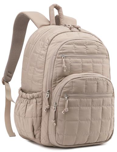 CLOKARS Mochila acolchoada para mulheres, trabalho e meninas, bolsa escolar moderna com compartimento para laptop, Camelo, 15.6in, Mochila Puffer