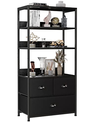 Furologee 4-Tier Bookshelf With 3 Drawers, Vertical Dresser Organizer, Black Storage Shelf For Books, Photos, Decorations In Living Room, Office, Bedroom,Kitchen, Sturdy Metal Frame,Wood Top #TOP24