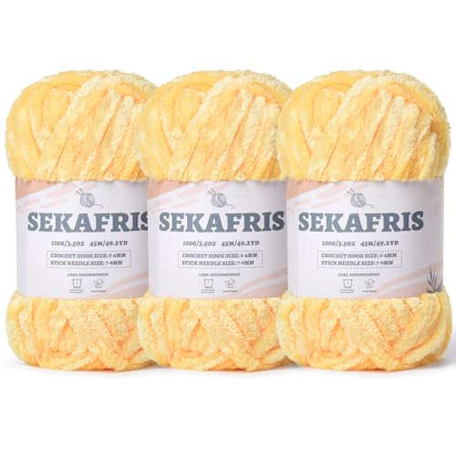 Image of Fuzzy Chunky Chenille Yarn for Crocheting,Soft Plush Yarn for Hand Knitting,Bulky 3x100g(3x49.2 yd) Baby Blanket Yarn for Crocheting Amigurumi Yarns,Crochet Fluffy Velvet Yarns (Light Yellow)