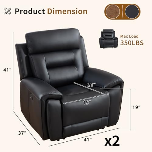 Image of ANJ Power Recliner Chair Set of 2 with USB&Type-C Ports, Breathable Faux Leather Oversized Electric Recliners, Single Overstuffed Heavy Duty Reclining Sofa Chairs for Living Room, Black