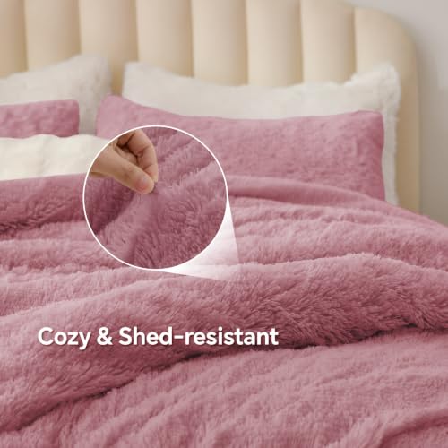 Image of BEDELITE Dusty Pink Fluffy Comforter Set Twin, Fuzzy Faux Fur Comforter | Warm Fleece Shaggy Bedding for Winter, Soft & Cozy Plush Bed Set with 2 Pillowcases