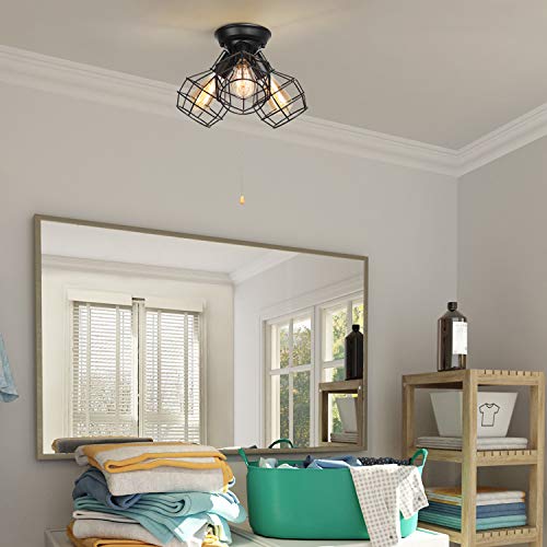 Laluz Farmhouse Semi Flush Mount Ceiling Light Fixture, 3-Light Oil Black Pull String Industrial Cage Ceiling Light Fixture For Bedroom, Hallway, Kitchen, Dining & Living Room, Foyer And Bathroom #TOP1
