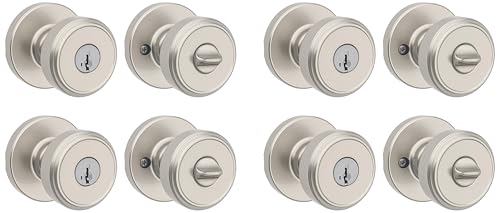 Image of Kwikset Maven Entry Door Knob with Lock and Key, Secure Keyed Handle Exterior, Front Entrance and Bedroom, Satin Nickel, Pick Resistant SmartKey Rekey Security and Microban (Pack of 4)