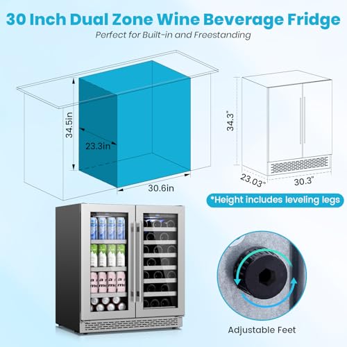 Image of Wine and Beverage Refrigerator, Wine Fridge Under Counter for Kitchen /Home /Bar (Silver, 30 inch 33 Bottles-135 Cans)