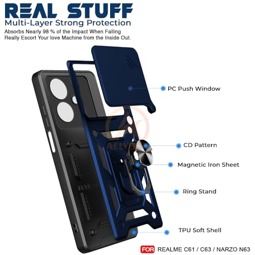 Image of Armor Bumper Back Cover Case for Realme C63 / Narzo N63 Rotating Camera Cover, Ring Holder & Kickstand | Heavy Duty & 360 Degree Protection Realme C63 / Narzo N63 Back Cover (Blue)