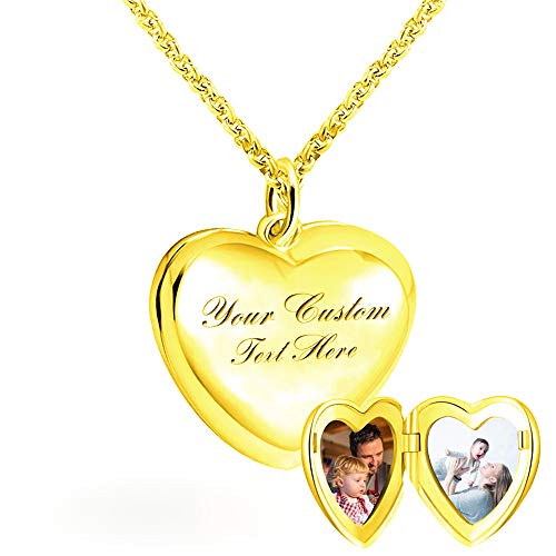 925 Sterling Silver Personalized Photo Heart Locket Necklace Forever in My Heart Custom Add Your Text That Holds Pictures for Women Men Kids (Gold)