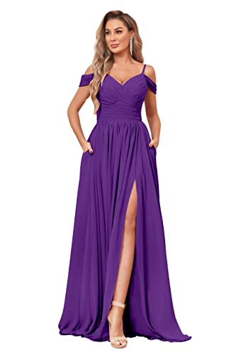 Image of BOLENSYE Off the Shoulder Bridesmaid Dresses with Pockets Ruched Chiffon Long Slit Formal Evening Gown