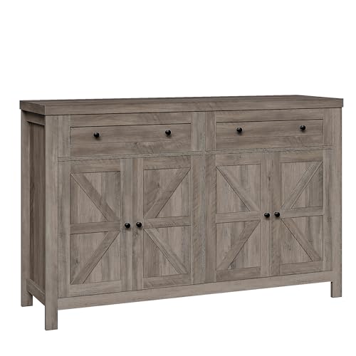 HOSTACK 55" Buffet Sideboard Cabinet with Storage, Modern Farmhouse Coffee Bar with Drawers and Shelves, Barn Door Storage Cabinet for Kitchen, Living Room, Ash Grey
