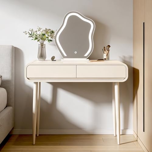 Escritorio de tocador con espejo LED y cajones de almacenamiento para oficina moderna en casa o dormitorio, ideal para espacios pequeños, perfecto para vestirse y rutina de belleza