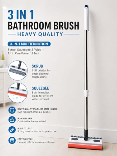 Image of TEKCOOL 3 in 1 Toilet Bathroom Cleaning Brush with Wiper and Long Handle - 180 Rotate Floor Scrub Brush for Tiles, Home Kitchen Bathroom Accessories (Orange)::