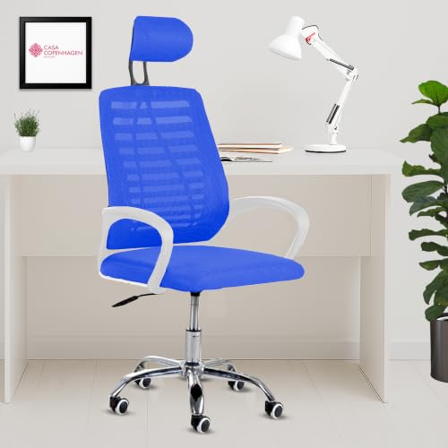 Image of Casa Copenhagen,Mesh Office Desk Chair,Rocking Chairs Ergonomic Computer Chair Adjustable High with Headrest and Comfortable Armrest Swivel Chair - Indigo Blue & White Handle