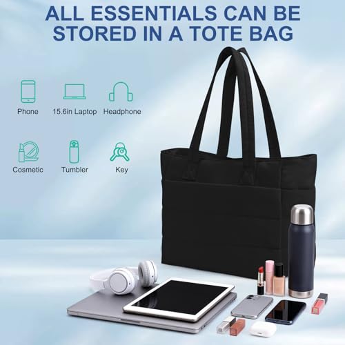 Puffy Tote Bag for Women, Lightweight Laptop Tote Bag, Puffy Handbag with Compartments, Quilted Shoulder Bag with Zipper for Work, Travel, Shopping, Gym (Black) by exsulity - Used condition - Image 6
