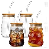Set mit 4 niedlichen gerippten Glasbechern mit Strohhalm und Strohhalmbürste, 4 geriffelte Trinkgläser, 530 ml, für Eiskaffee, Latte, Wasser, Macha, Saft, Geschenk