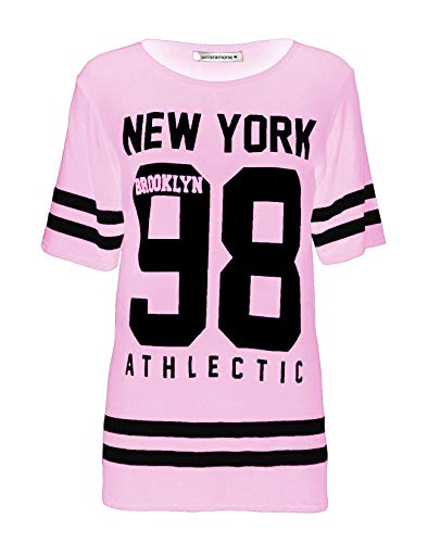 Janisramone Frauen Damen Neu Baseball New York 98 Brooklyn Gestreifte Print überdimensional Ausgebeult T-Shirt Top Cover