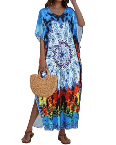 Image of Kaftan Dresses for Women V Neck Caftan Batwing Sleeve Swimsuit Cover Up | JILUVIN Plus Size Beach Swimwear Dress, Loose Fit Maxi Print Moomoo, Casual Mumu Nightgown Mrs Roper Costumes Vocation 2026