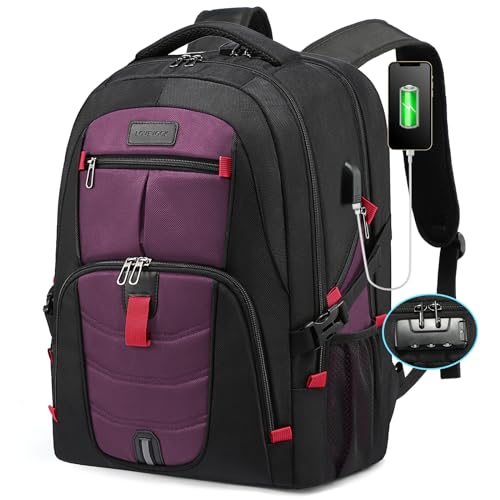 LOVEVOOK Travel Laptop Backpack Waterproof Anti Theft Backpack with Lock and USB Charging Port Large Computer Business Backpack for Men Women College Backpack(17 inch,Black&Purple)