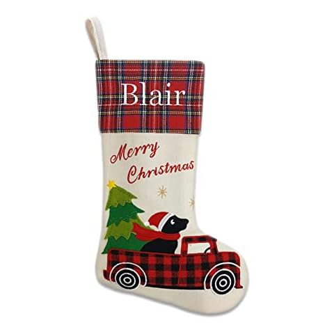 YOUBEMAGIC 18" Personalized Christmas Stocking with Embroidery Name for Family Decor Customized Linen Stocking with Red Buffalo Plaid Cuff (Car 1) Cover