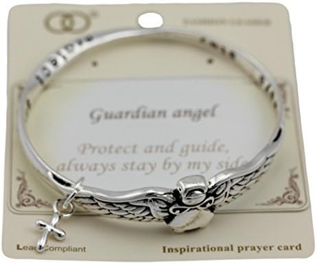 CL Fashion Guardian Angel, Cross Angel Wings Twisted Metal Bangle Bracelet with Dangle Charm Antique Silver Tone