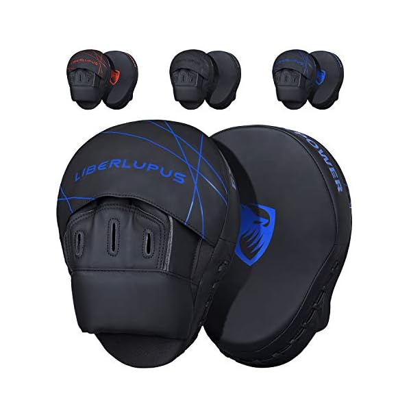 Liberlupus-Boxing-Punching-Mitts-Bags-Boxing-Training-Equipment-Hand-Target-Pads-with-Curved-Leather-Ideal-for-Martial-Arts-MMA-Muay-Thai-Kicking-Sparring-Karate-Men-Women Liberlupus Boxing Mitts for Training and Exercise Workout, Curved MMA Punching Mitts and Pads for Indoor Use, Thicken Padding Sparring Paddles for Kids Men Women, for Kickboxing Martial Arts Muay Thai (Blue)