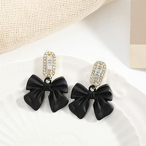 Channel V Ribbon Bow Dangle Earrings Rhinestone Black Red Vintage Earrings Luxury Square Crystal Jewelry Bow Tie Sparkly Party Sweet Wedding Bride Earrings Women (Black) #TOP2
